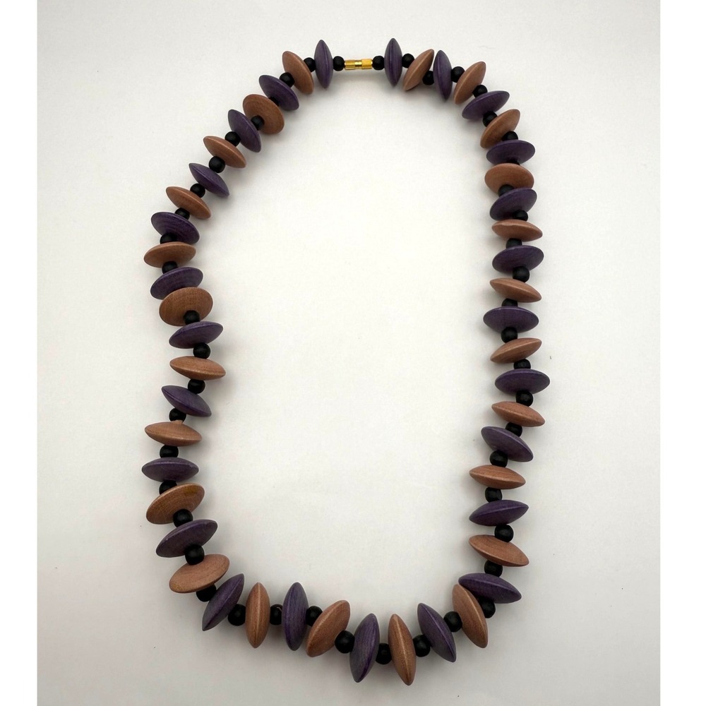 Boho Wooden Bead Necklace in Purple and Natural Tones‎ – Statement Jewelry